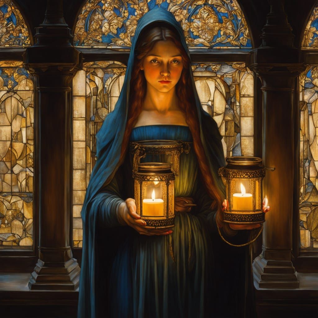 Woman Carrying Lanterns in Elegant Chiaroscuro Style