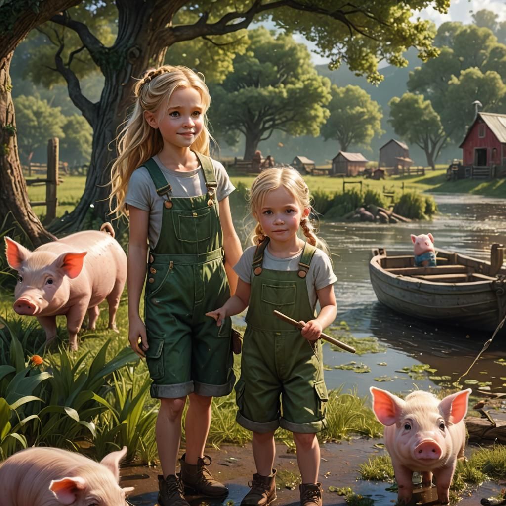 Animated Farm Girl Feeding Piglet in Detailed Matte Painting