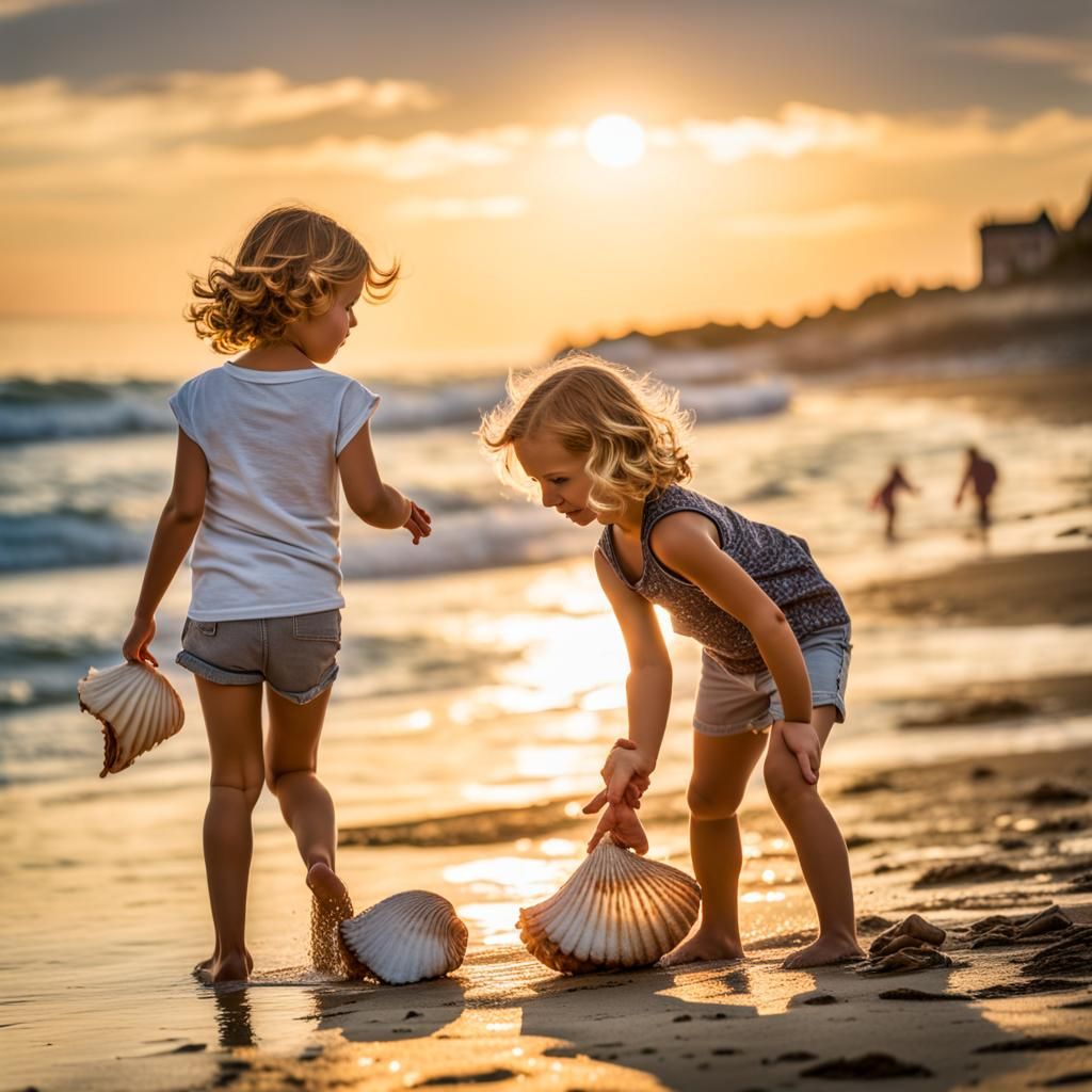 Girls Play on Seashell Beach in Natural Light