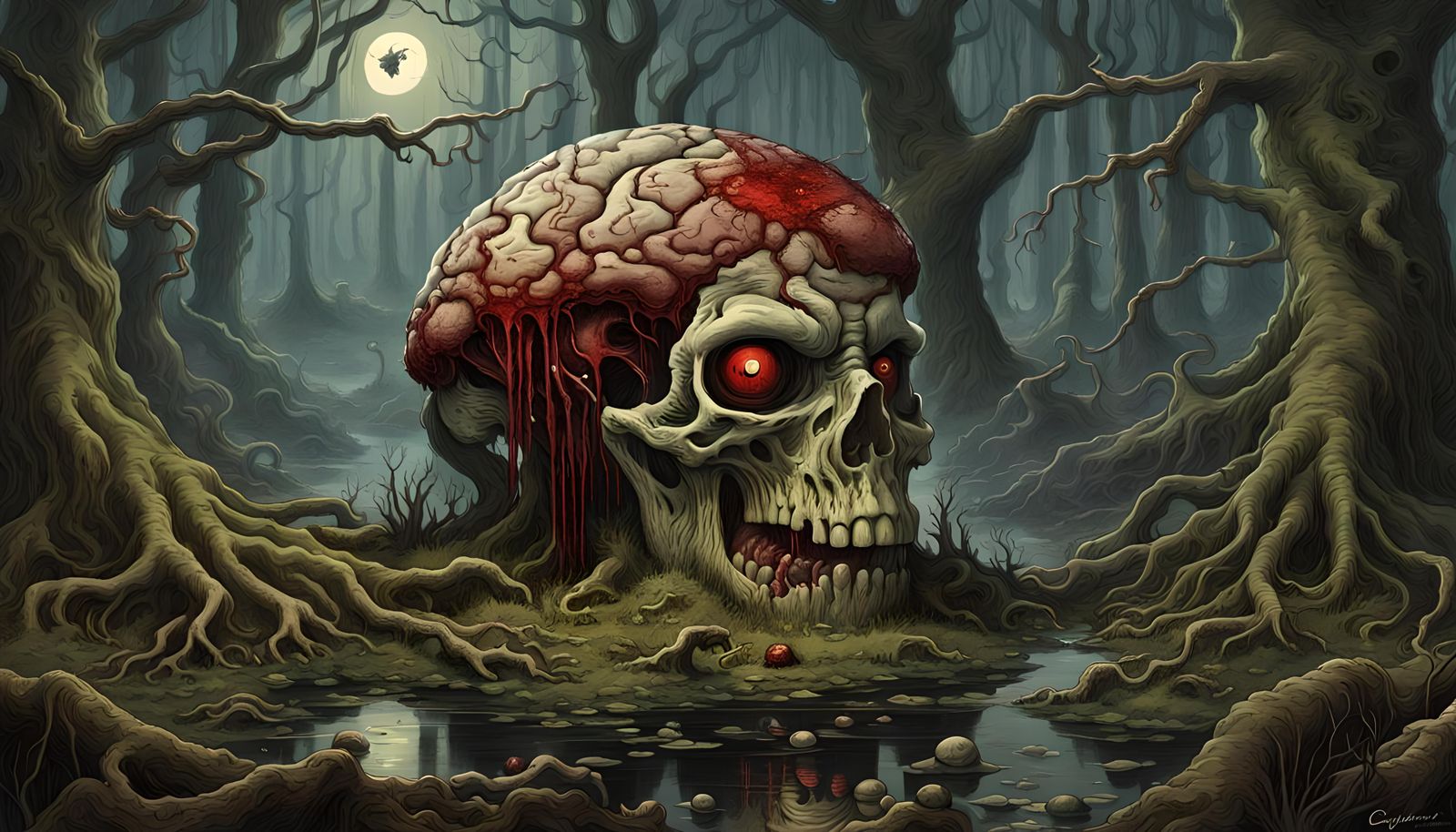 Fungus-Infected Brain Horror in a Swamp