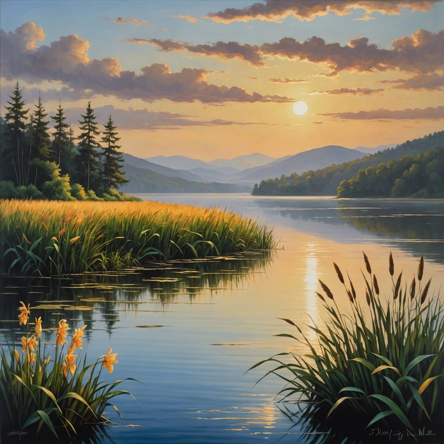Vivid Lakeside Landscape with Coastal Reeds, Oil Painting