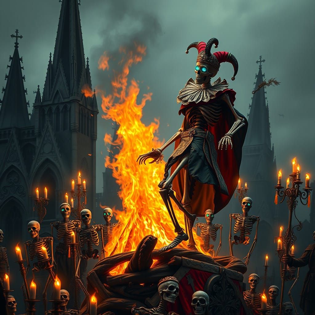 Skeleton Court Jester Dances Amidst Gothic Ruins