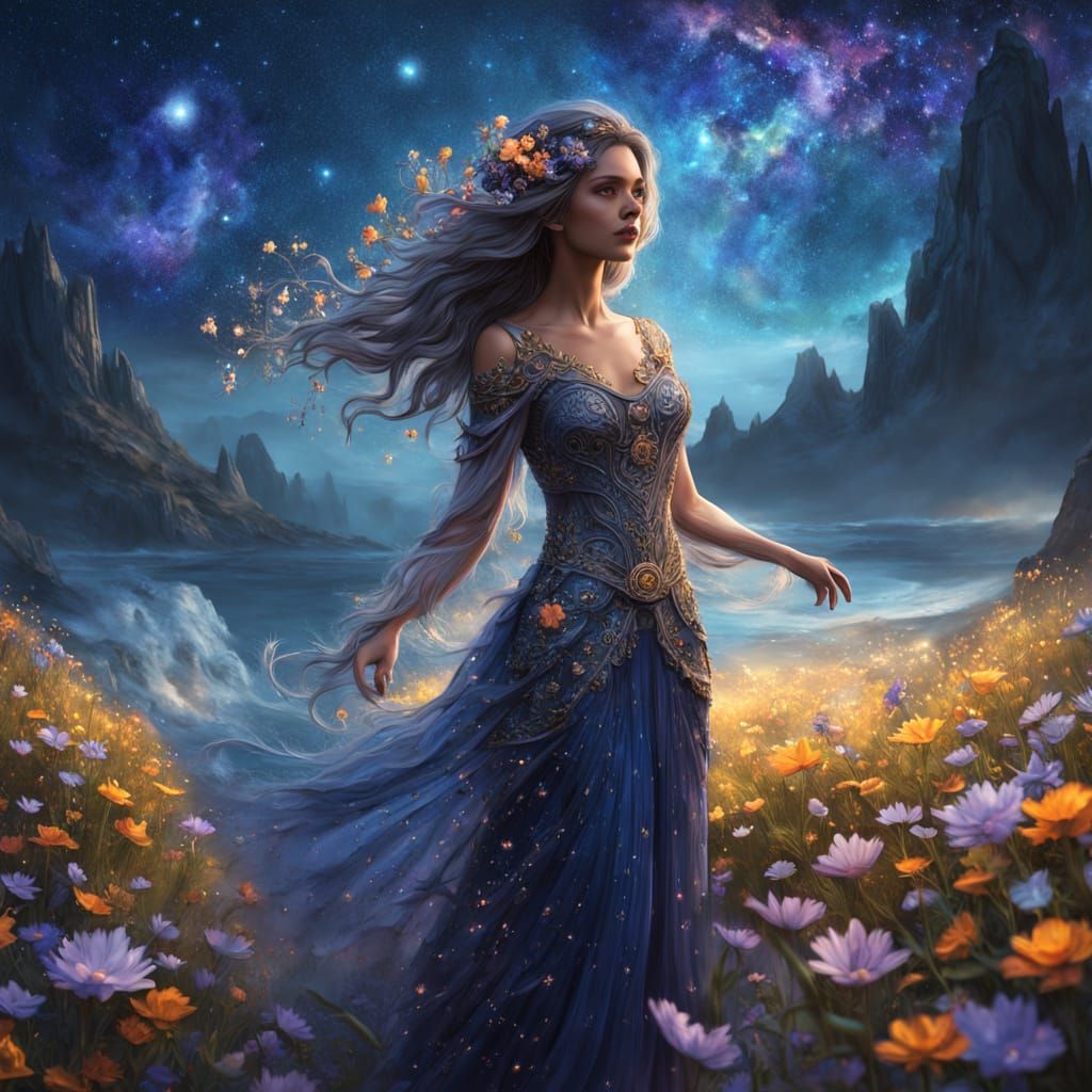 Mystical Woman in a Starry Flower Field