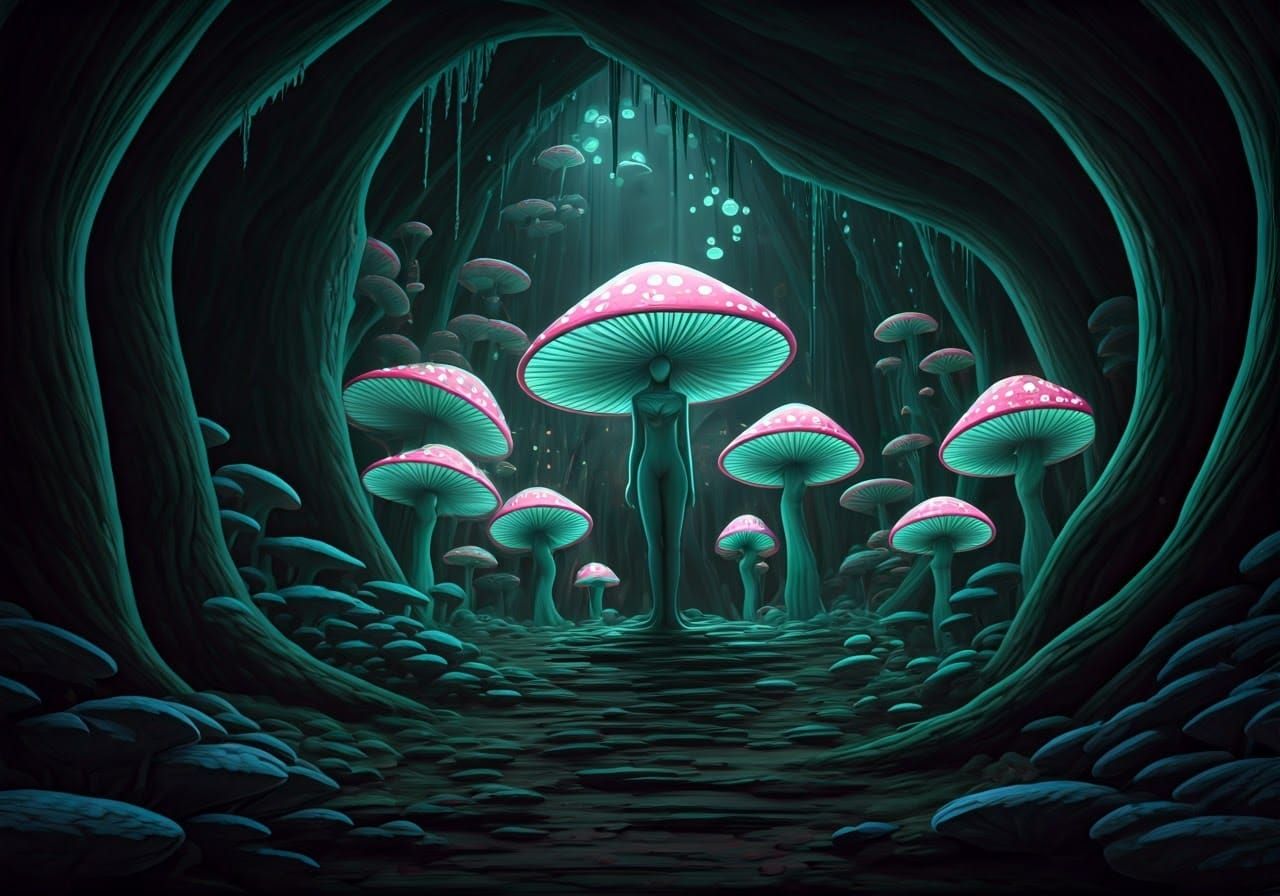 Mushroom Humanoids Perform Ritual in Bioluminescent Cave