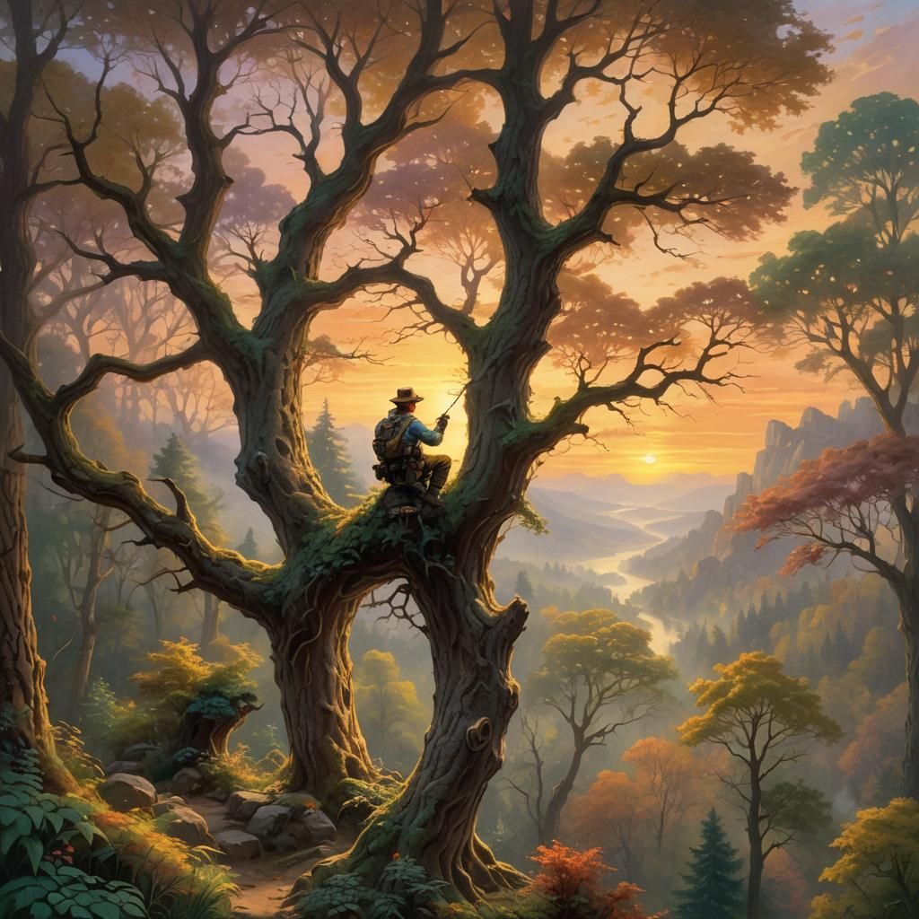 Ranger in Sunset Tree, Fantasy Oil Painting