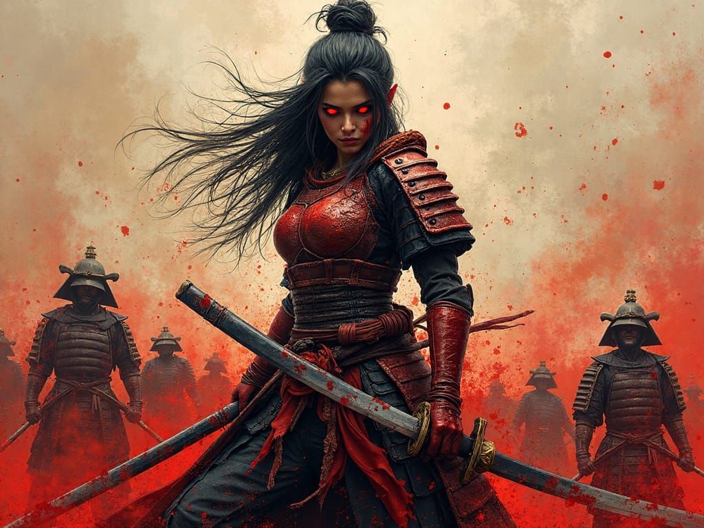 Battle-Scarred Samurai's Fiery Last Stand in Graffiti Style