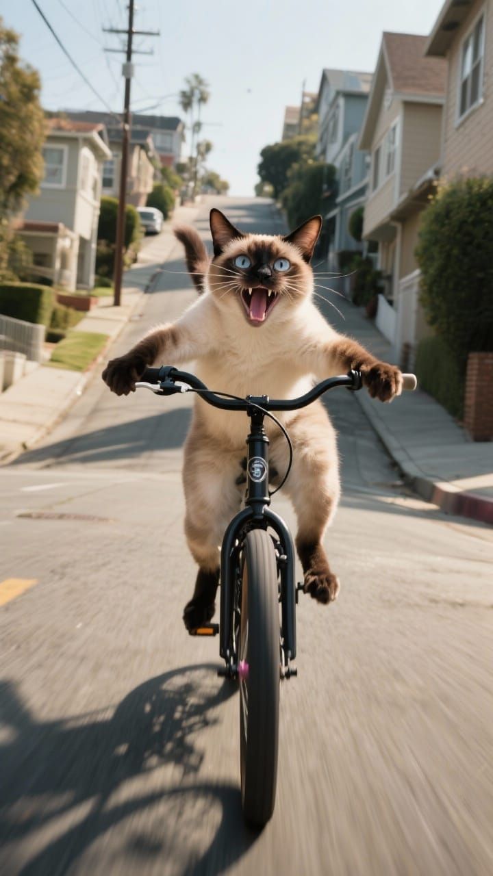 A cat rides a bicycle quickly down a steep street