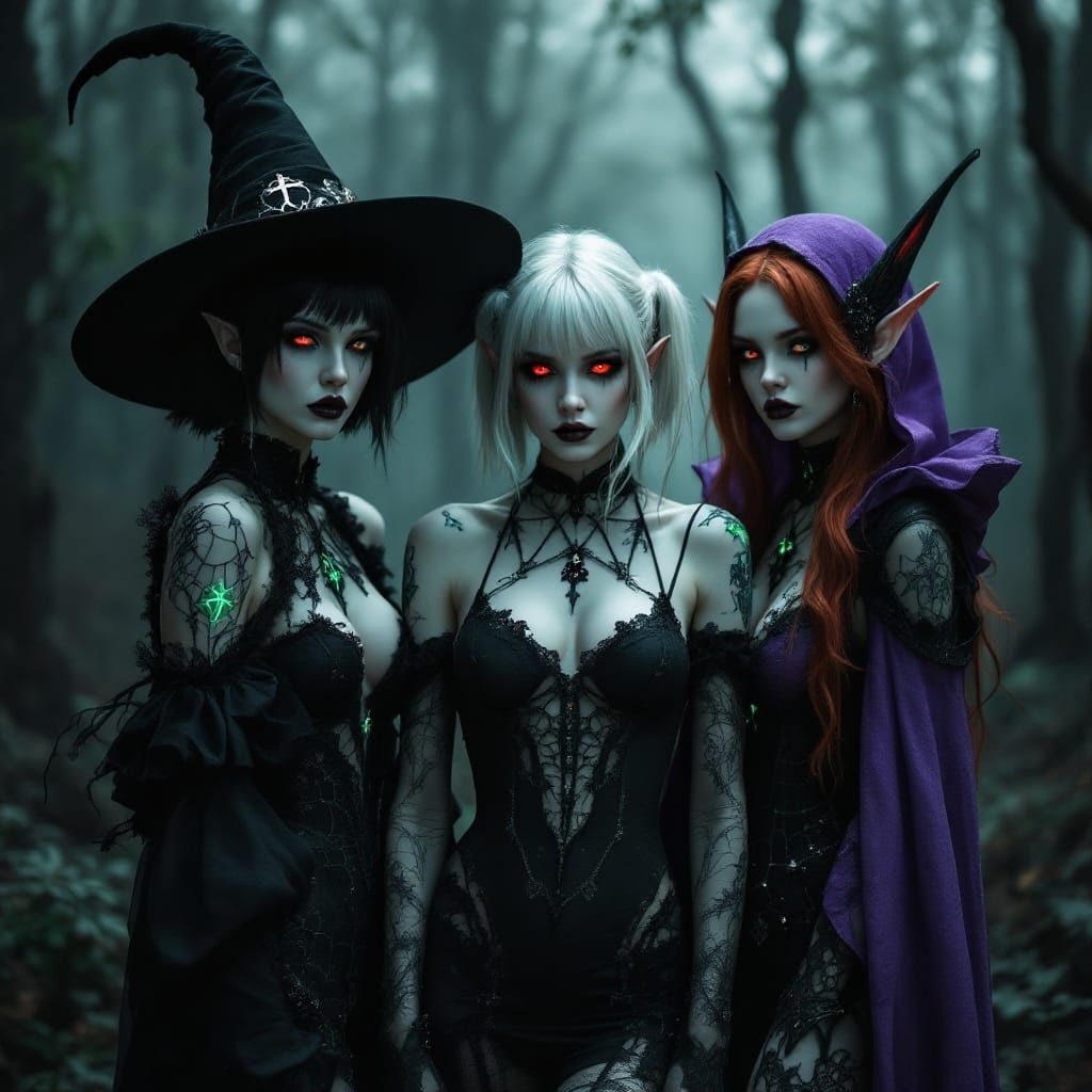 Three Goth Witches in Dark Forest, Seductive and Immersive