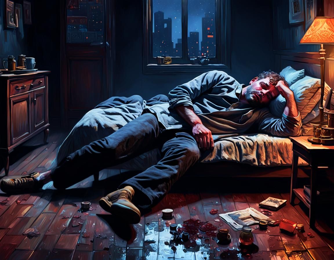 Man Asleep in Dark Apartment: Oil Painting
