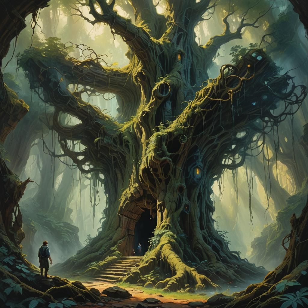 Ethereal Grotto in Ancient Forest Ruins: Impasto Oil Paintin...