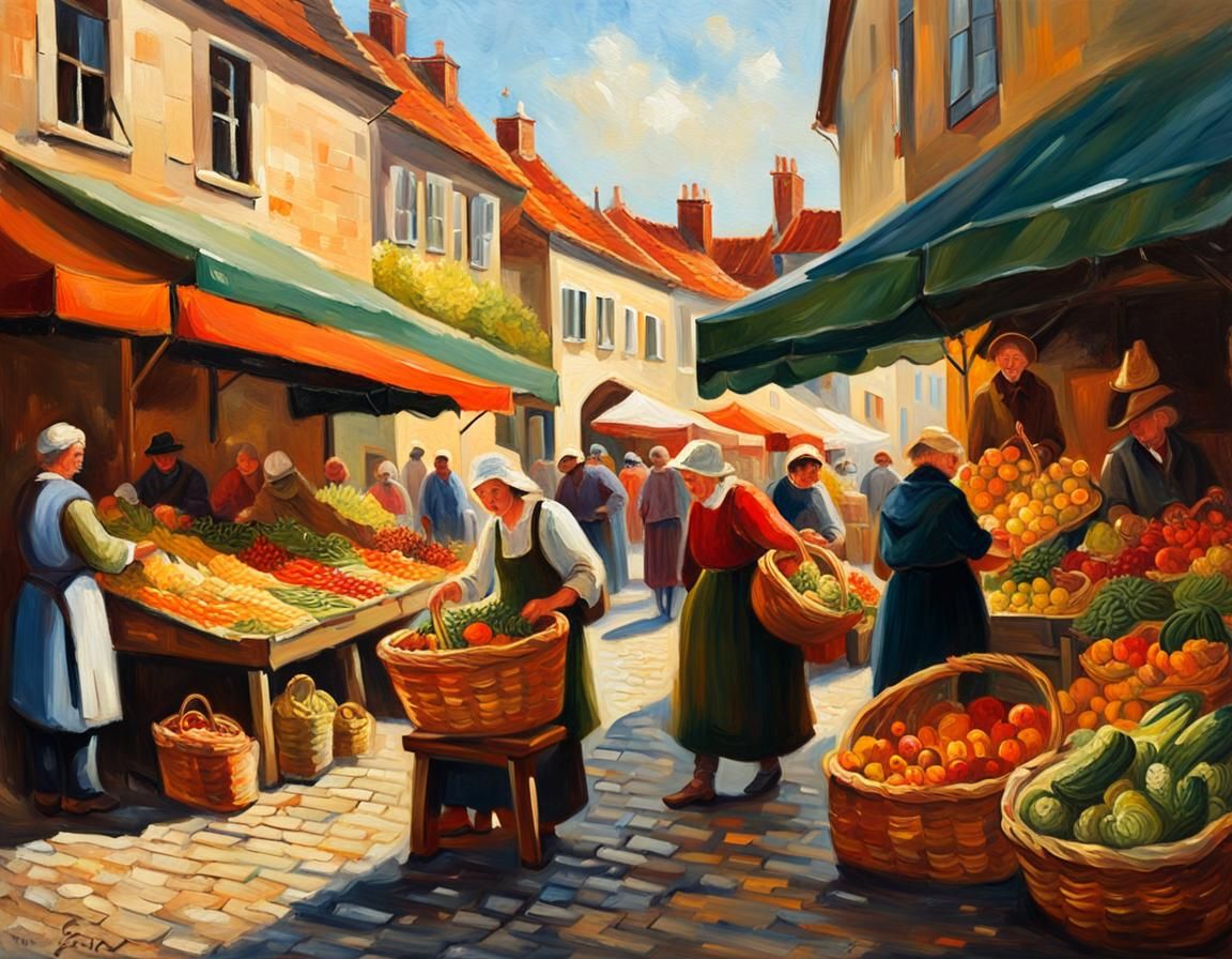 Vibrant Medieval Farmer's Market Scene in Old Masters Style