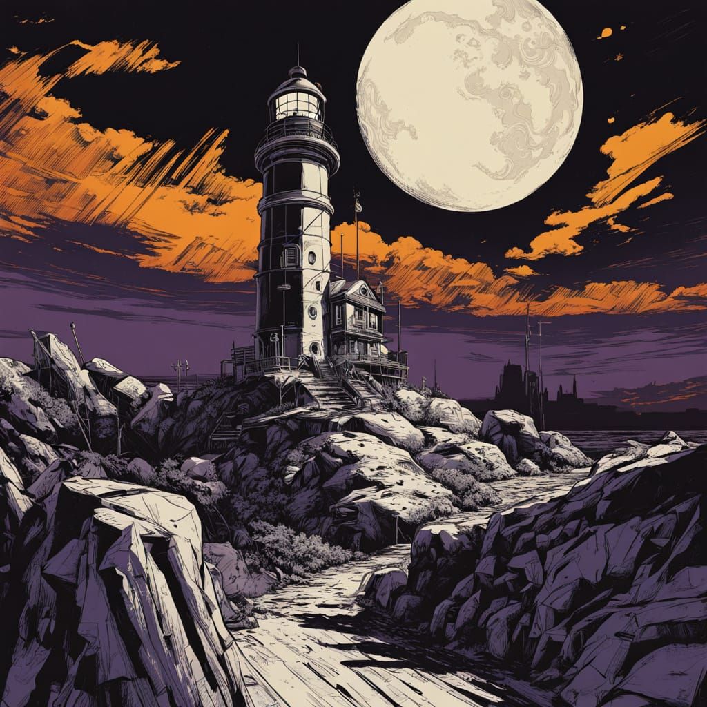 Lighthouse under a Blood Moon in Hypermodern Dieselpunk Ink ...