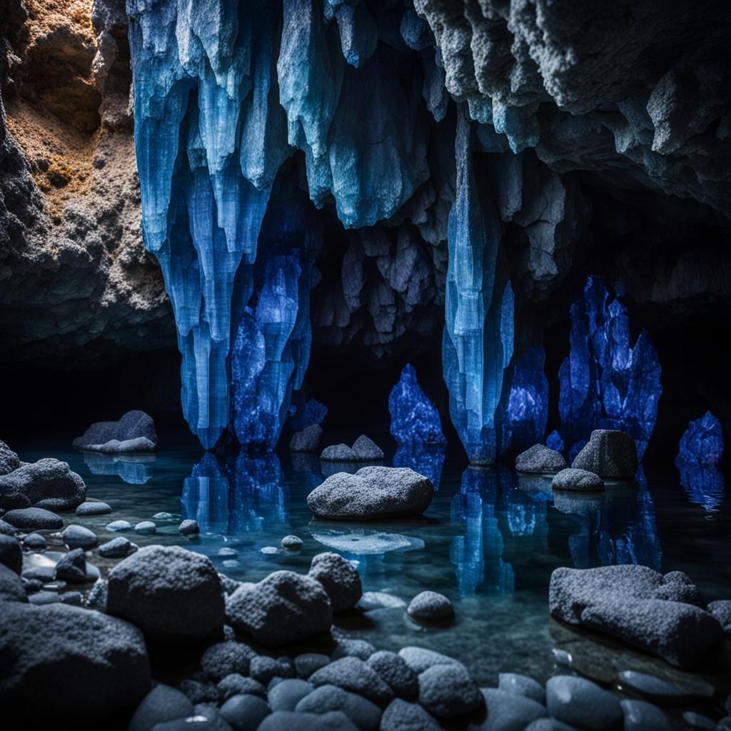Salt Water Cave with Crystal Rocks in Blue Hues