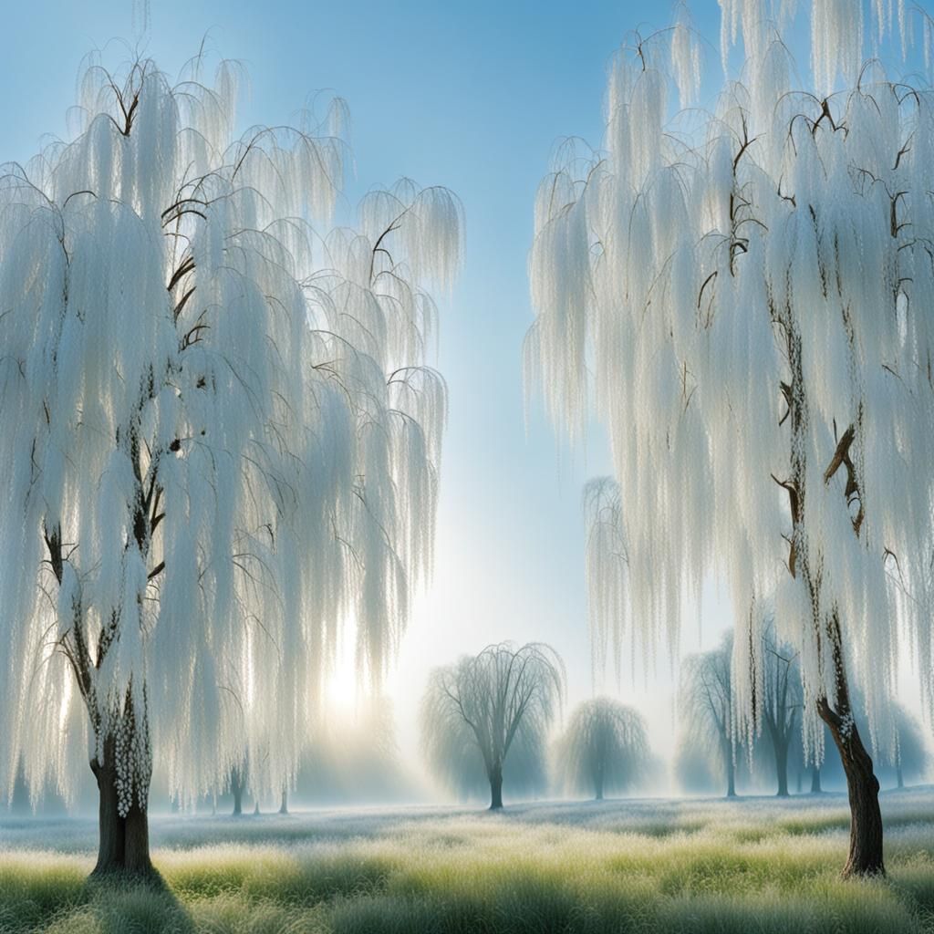 Ethereal Willows Under a Pearlescent Sky