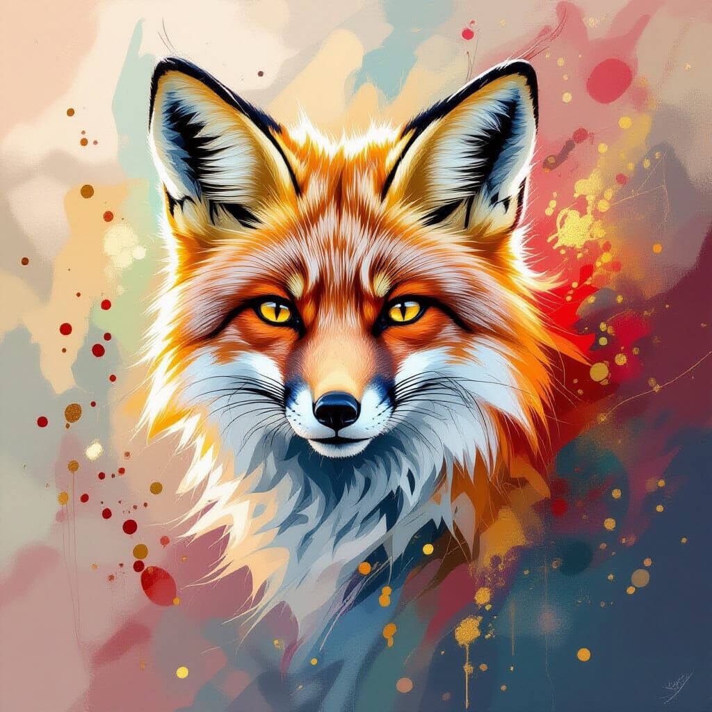 Fox Portrait with Ink Splashes in Splash Art Style