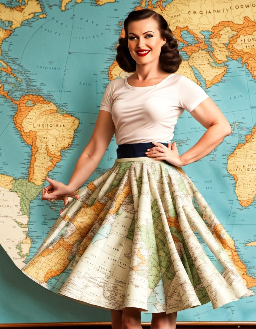 Vintage Fashionista in Map-Print Circle Skirt