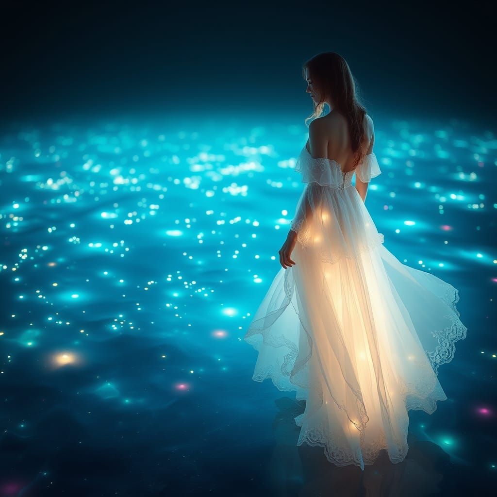 Woman by Bioluminescent Sea in Ethereal Lighting