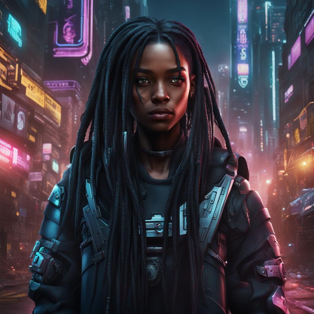 Cyberpunk Black Teenage Girl, Detailed Digital Art