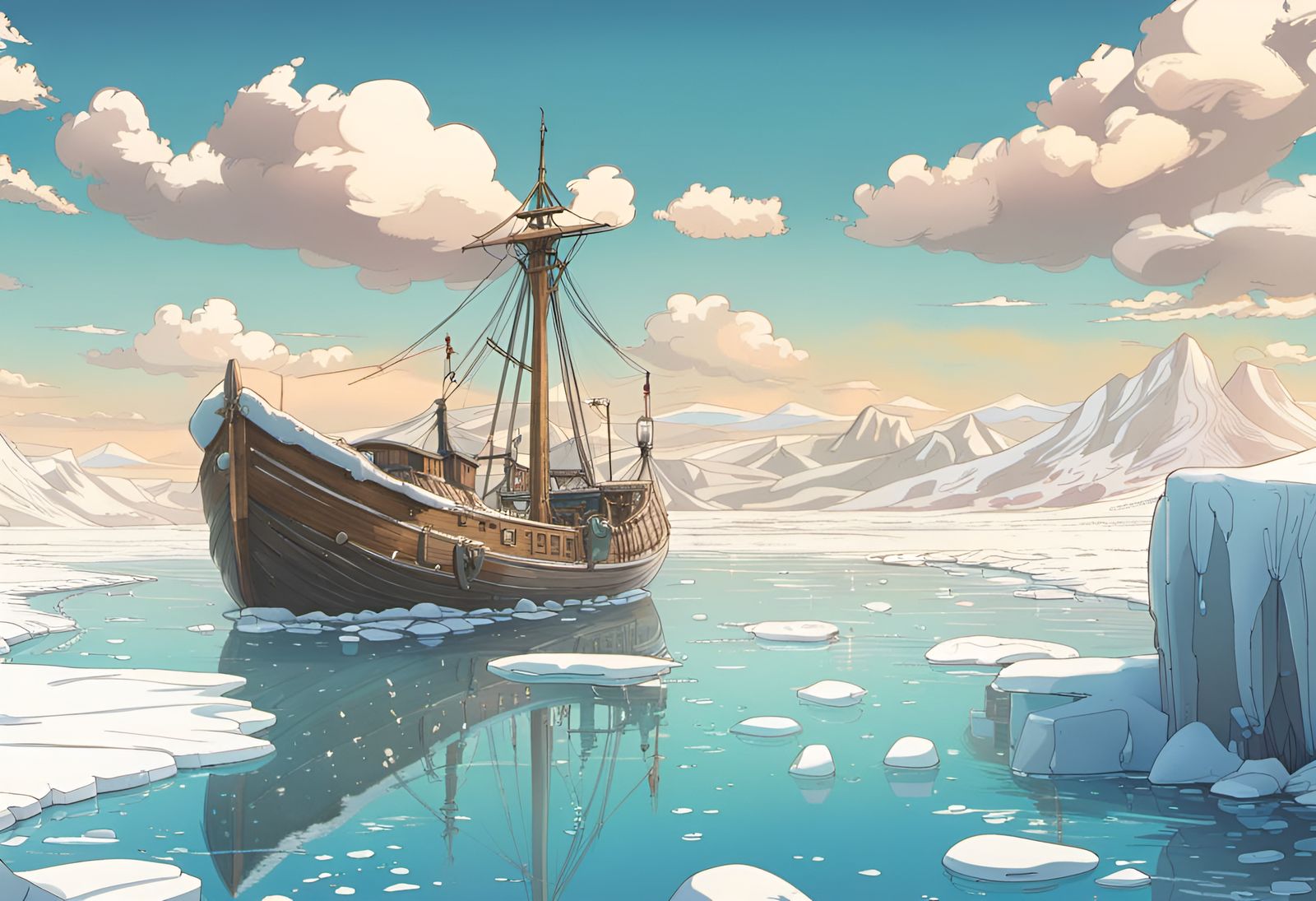 Anime Arctic Boat on a Sunny Winter Day