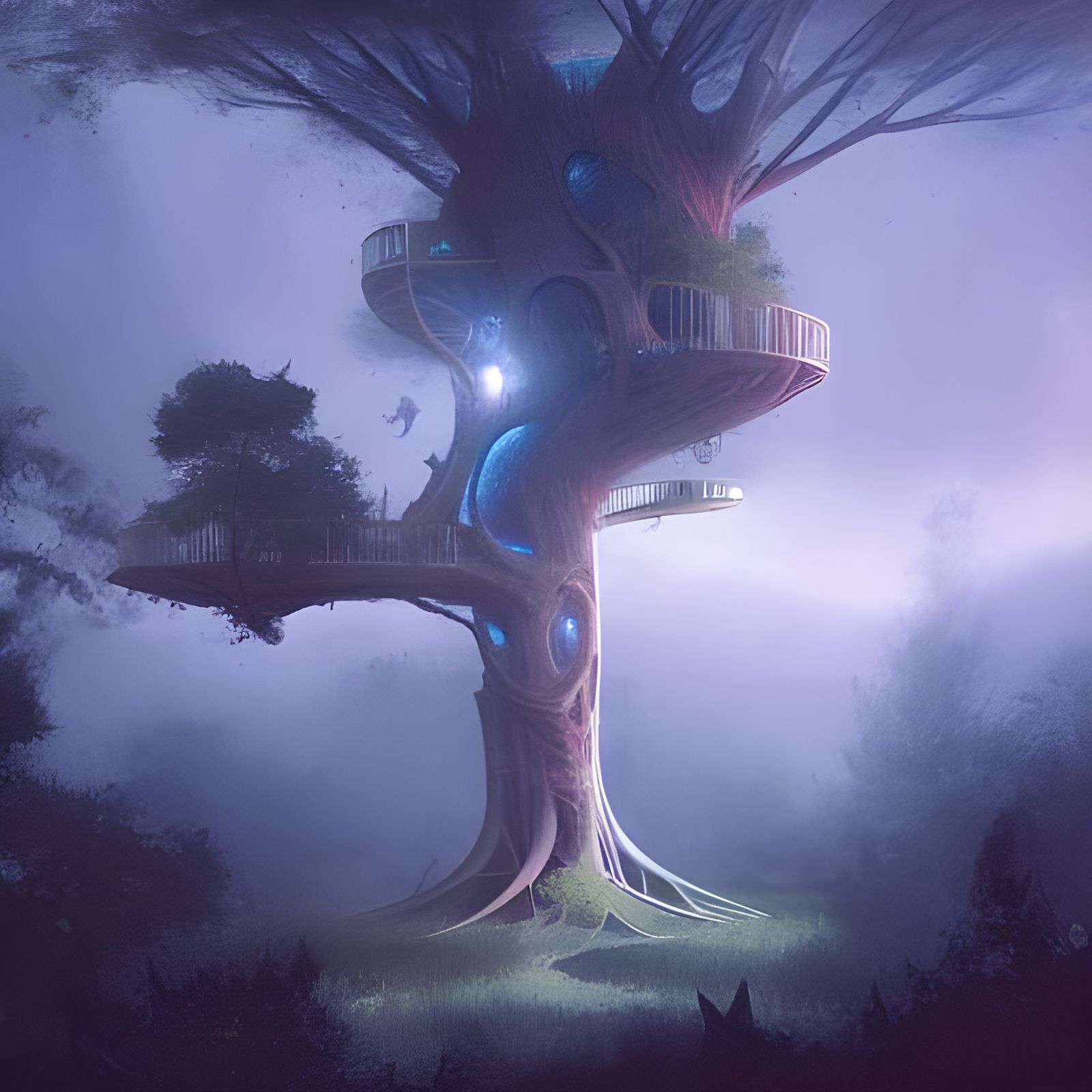 Sinister Treehouse in Starry Galaxy, Digital Art
