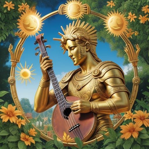 Apollo, the sun god, playing his lyre, surrounded by sunshine in a garden.  alcohol ink