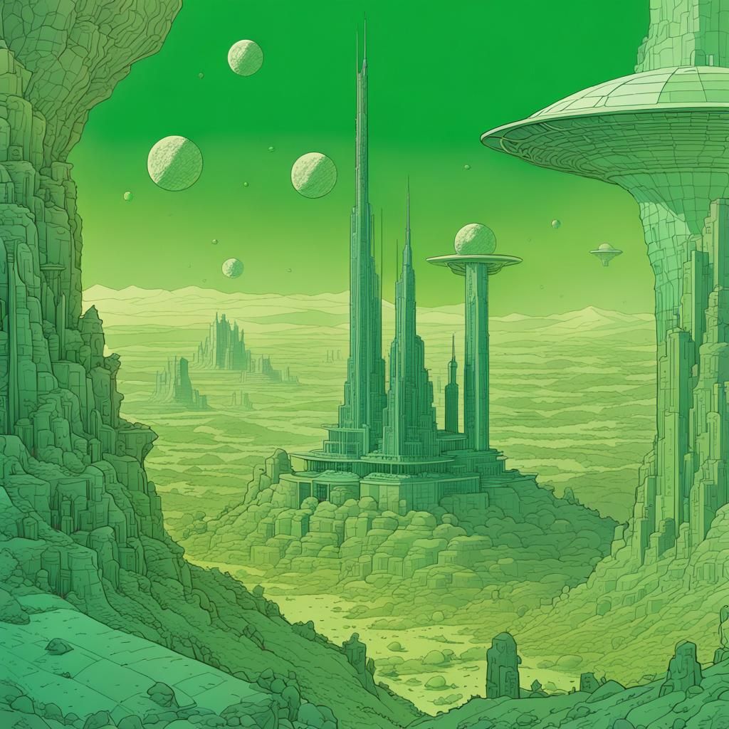 Alien Eye Towers in Moebius Comic Style