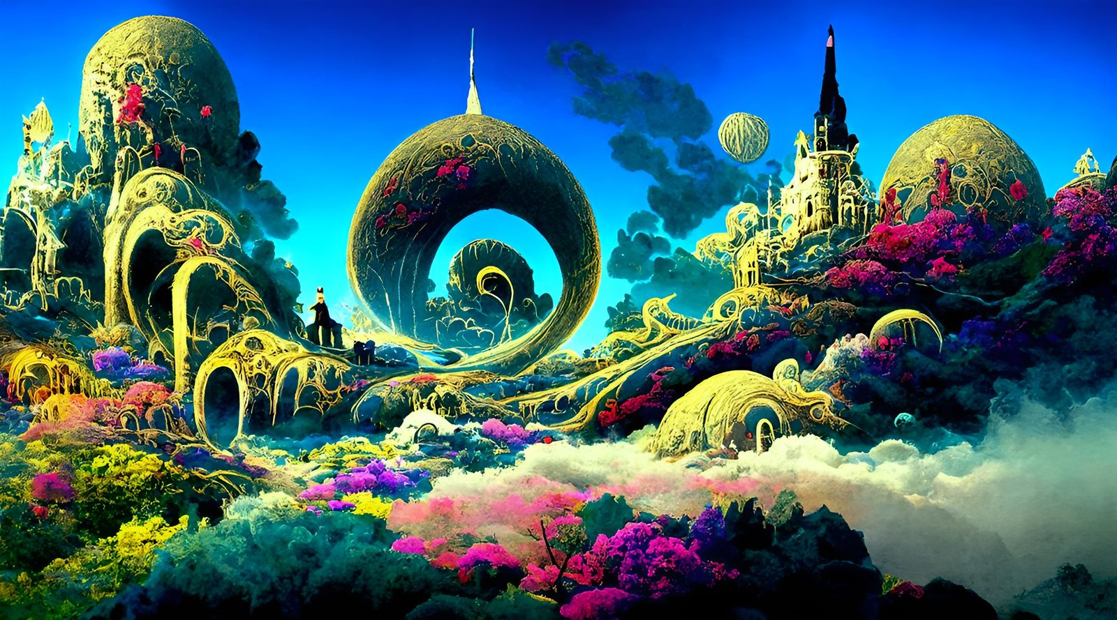 Psychedelic Sci-Fi Dreamscape in Kinetic Pointillism Style