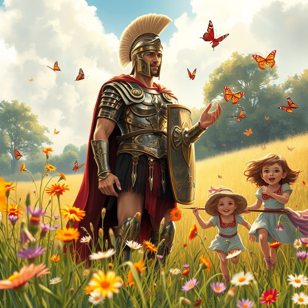 Roman Centurion in Wildflower Meadow, Fantasy Realism