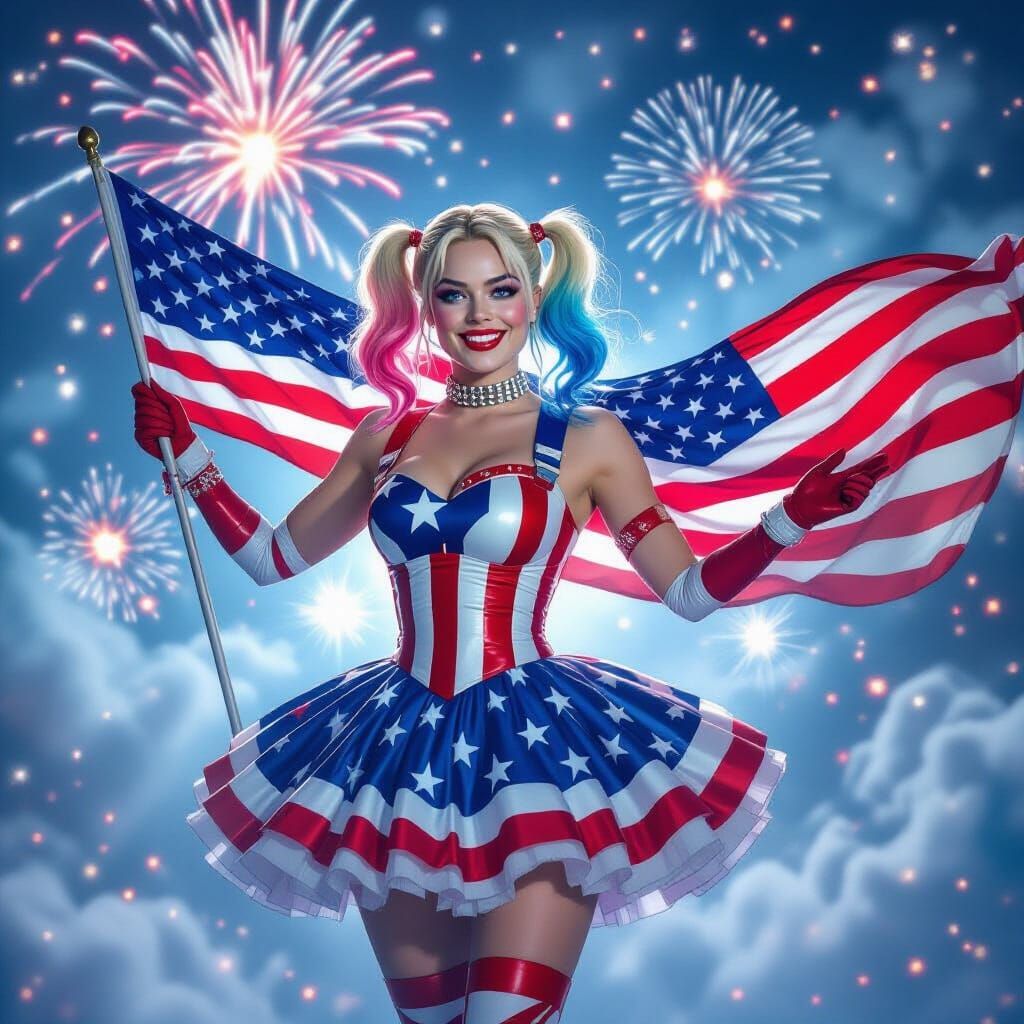 Patriotic Harley Quinn in Ethereal Fireworks Display