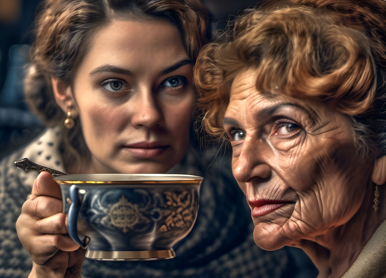 Elegant Woman Enjoying Tea: Hyperrealistic Portrait