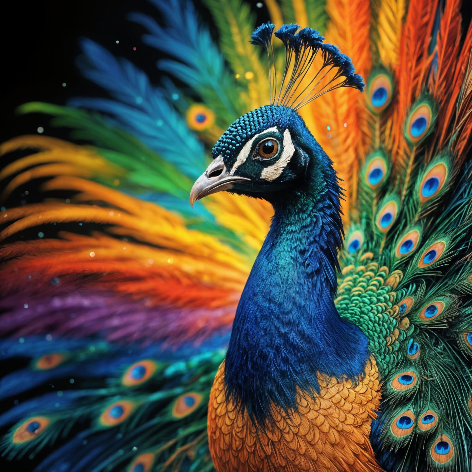 Majestic Rainbow Peacock Close-Up in Hyper Realistic Style