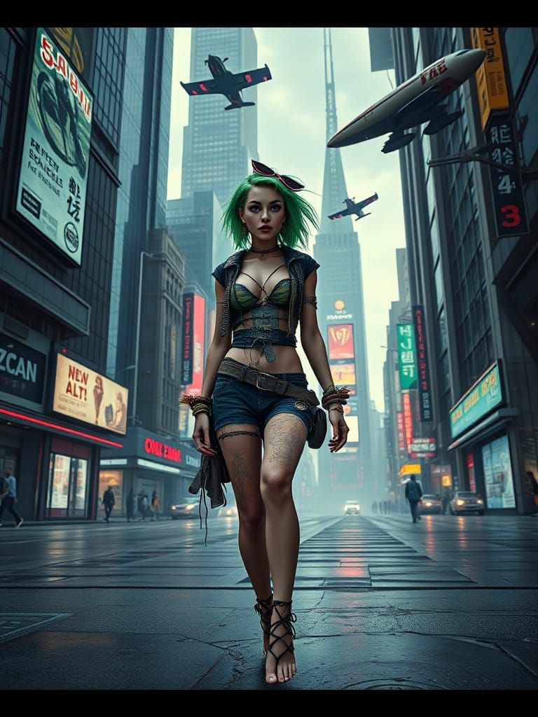 barefoot crazy Punk-Woman, with strang green hair and unusua...