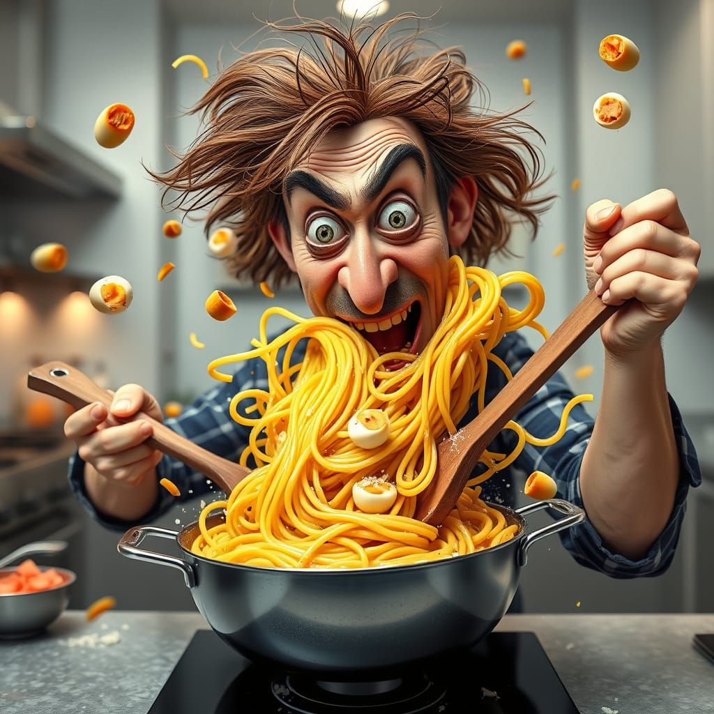 Hyper-Detailed CGI Caricature: Man Stirring Carbonara