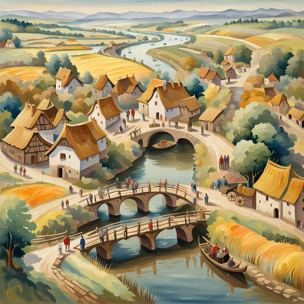 Bustling 15th Century Village in Impressionist Gouache