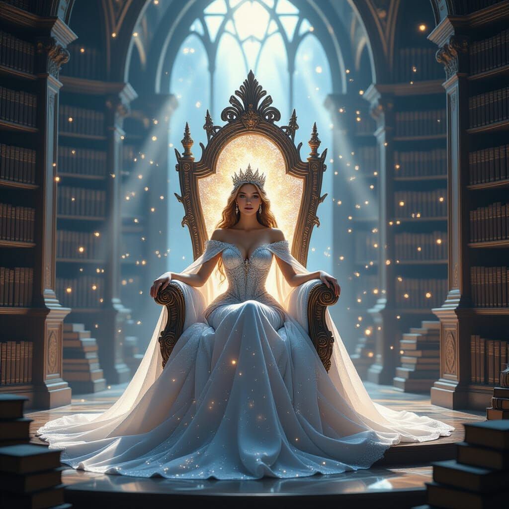 Queen on Crystal Throne in Cosmic Library