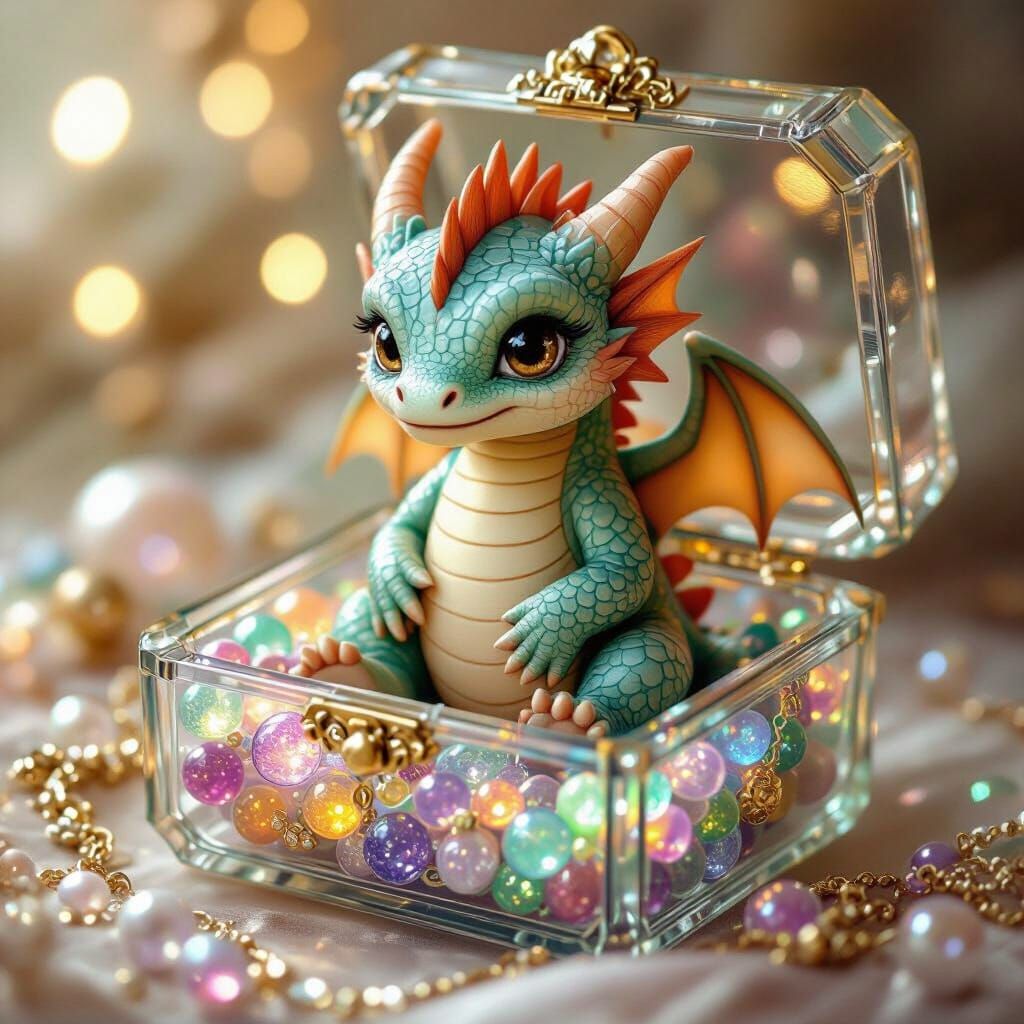 Baby Dragon in Jewelry Box, Fantasy Art