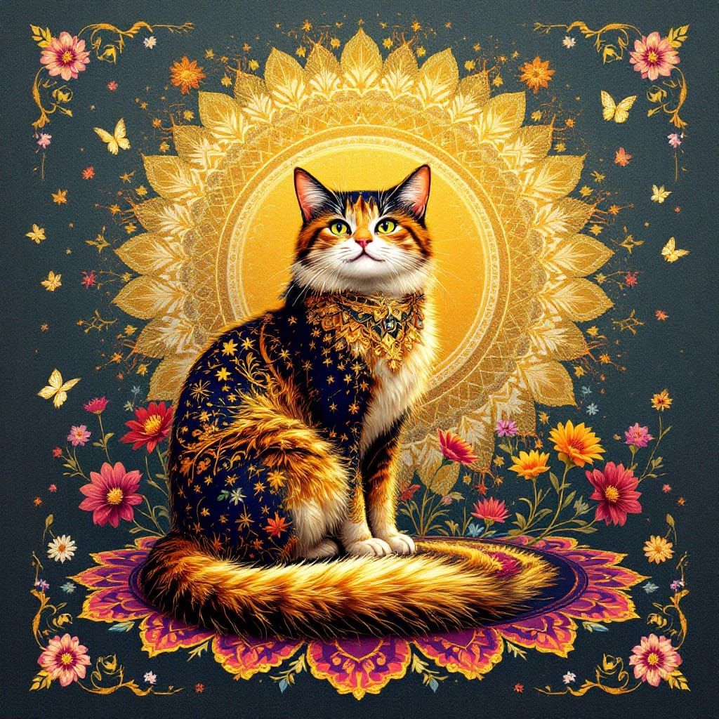 Elegant Cat amidst Vibrant Rangoli Patterns