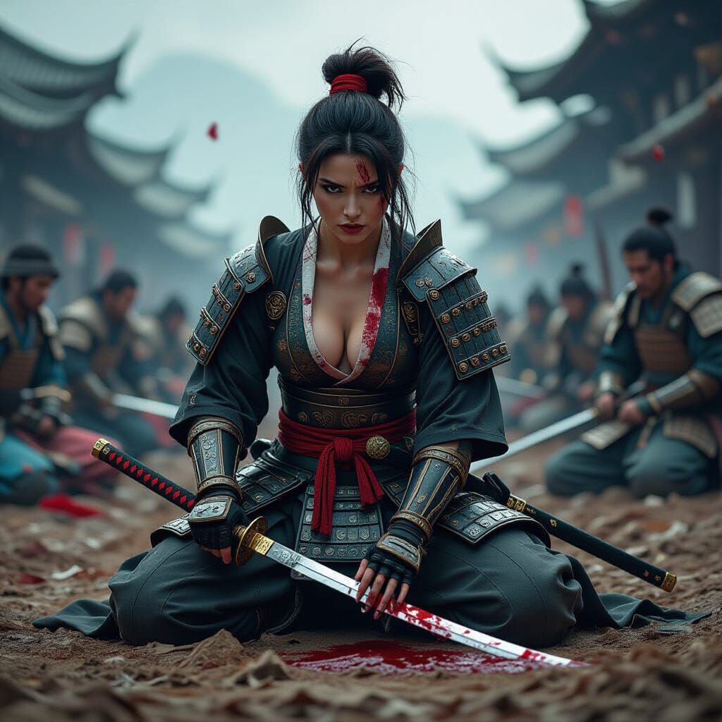 Fierce Samurai Woman on Ravaged Battlefield