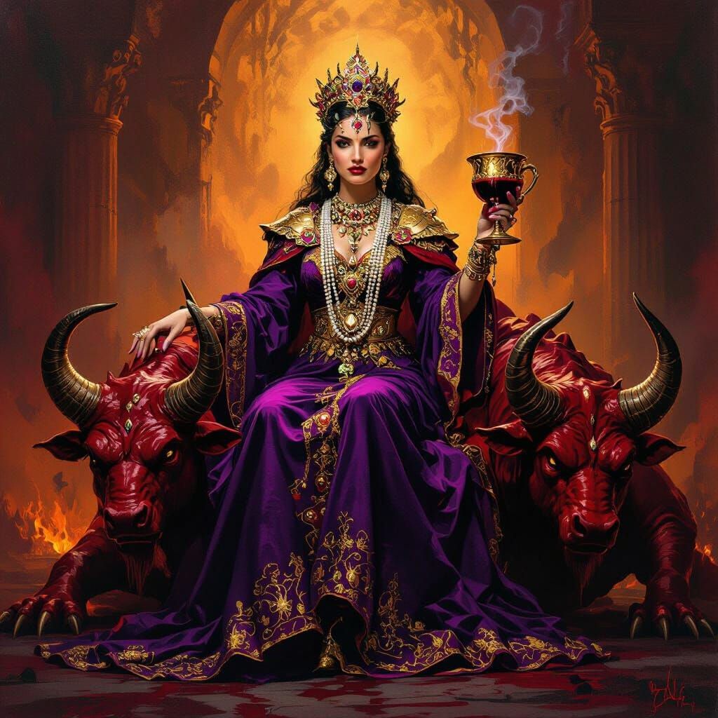 Visionary Woman on Scarlet Beast in Hellish Light