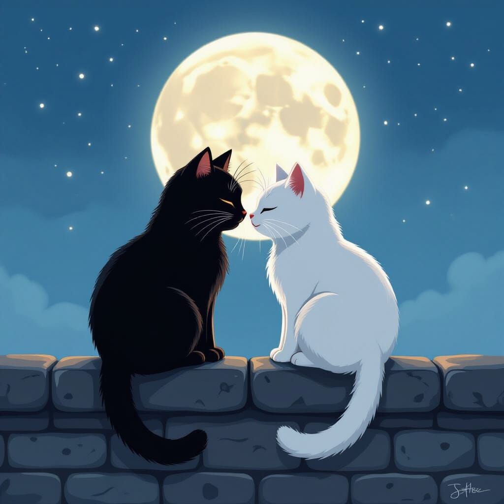 Two Cats Share a Nostalgic Moonlight Moment