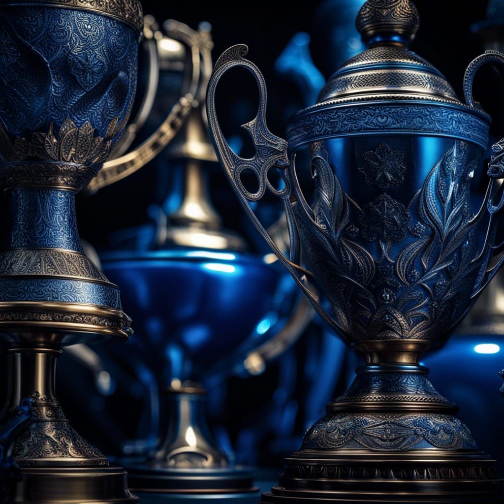 Hyperrealistic Blue Trophies with Intricate Details