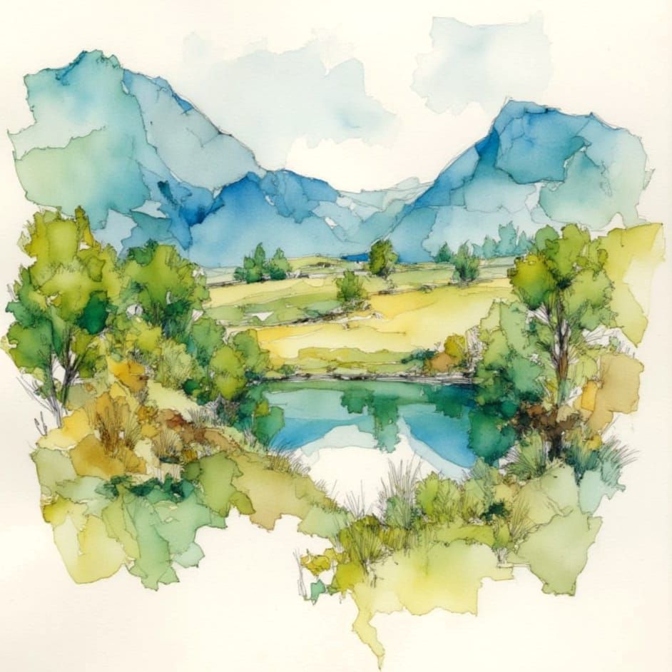 Watercolor Landscape with Pencil Sketch Details