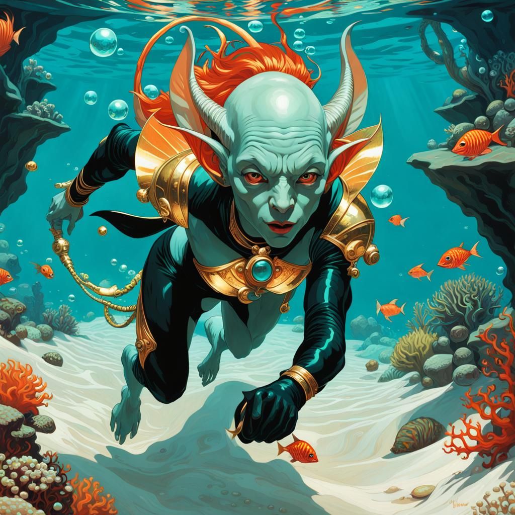 Turquoise Goblin Warlock Runs Underwater: Art Nouveau Style