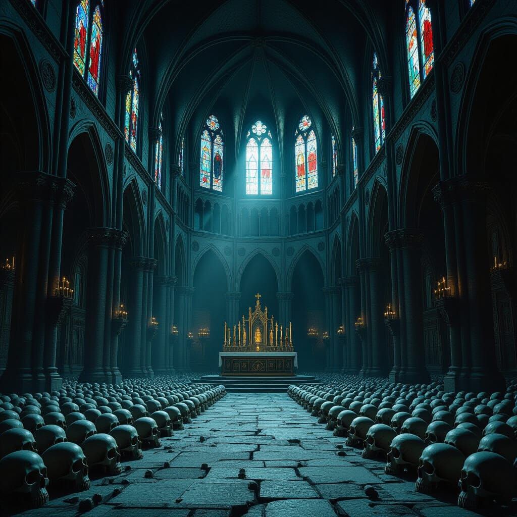 Gothic Cathedral Interior Adorned with Skulls and Bones