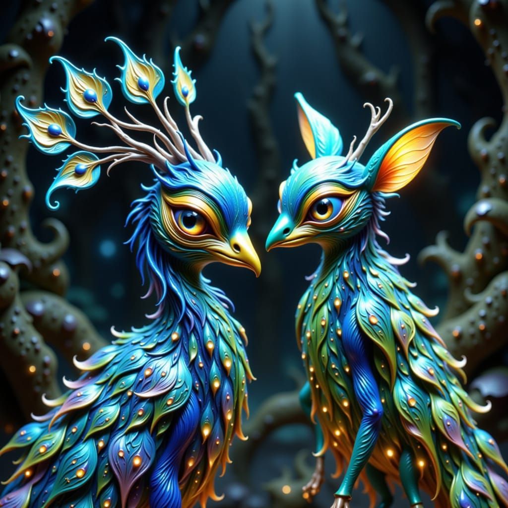 Iridescent Peacock Teases Glass Cat in Anime Style