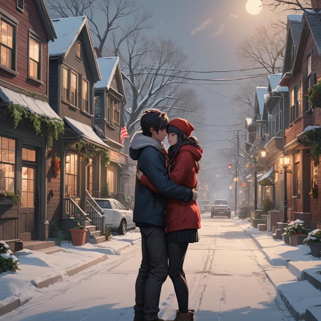 Couple's Christmas Embrace in 3D Anime Art