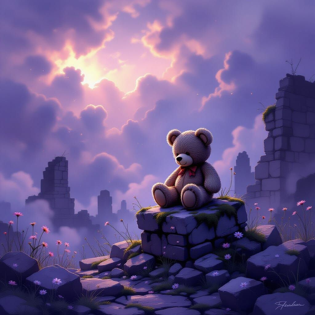 Teddy Bear in Ruined Landscape