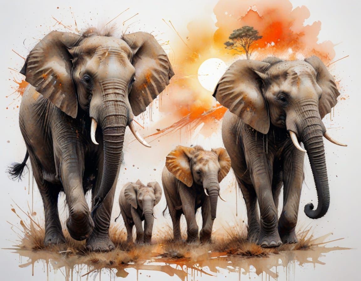 Elephants on Savanna at Sunrise: Watercolour Art
