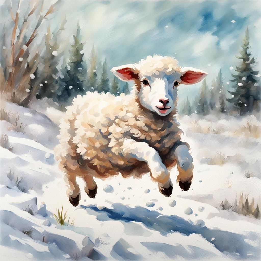 Lamb Leaps in Snowy Gouache Impressionist Scene