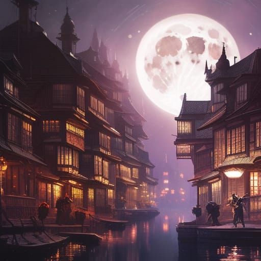 Cute Cat Under Moonlight: Surreal Ink Cartoon